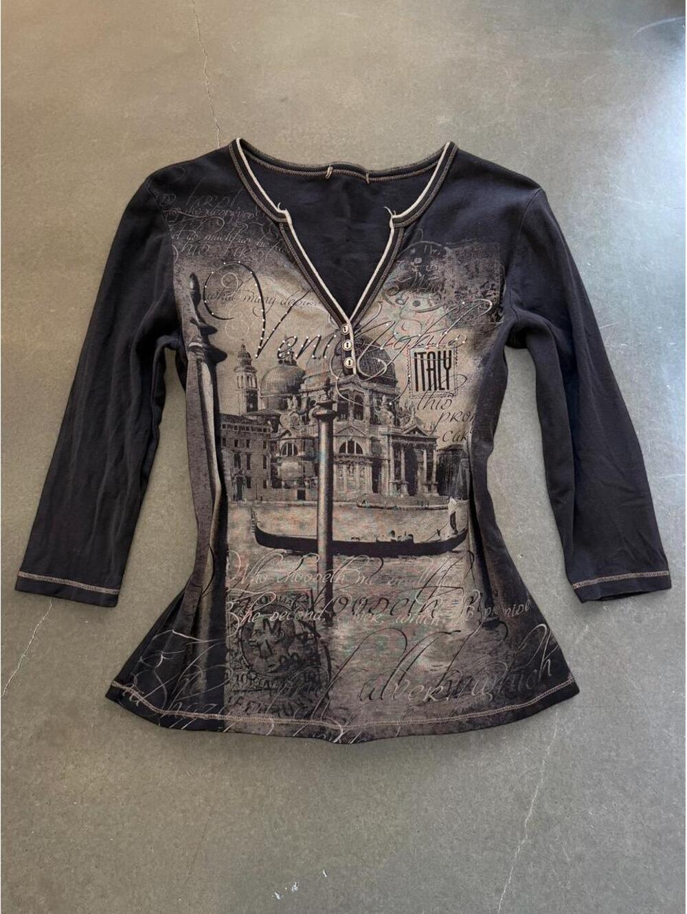 Y2K Vintage Venice Italy Graphic Long Sleeve Top Rhinestone Button Front